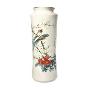 Japanese Porcelain Concave Cylinder Bouquet Vessel Vase 10.5” Floral/Bird Motifs